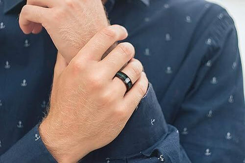 Men's 8mm Tungsten Beveled Edges Black Emerald Opal Siderite Wedding Band